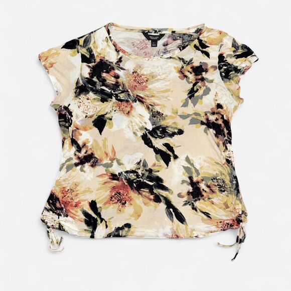 Lightweight Floral Short Sleeve Top with Adjustable Tie Ruching Sides - Picture 1 of 7